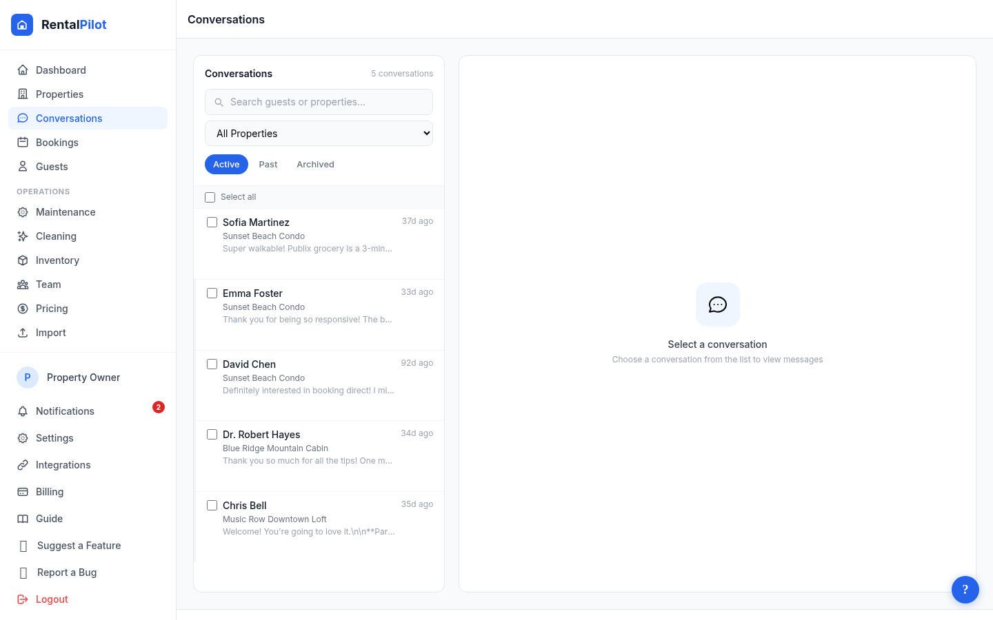 RentalPilot Conversations — AI messaging inbox with guest threads and AI draft replies